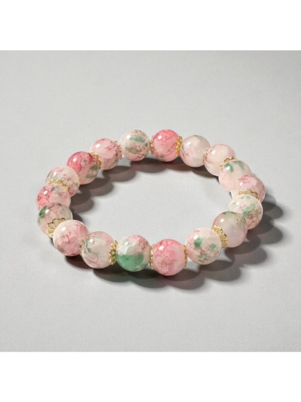 Crackled Glass Ombre Cherry Blossom Bracelet - Pink & Green Floral Stretch Brace - Picture 3 of 9